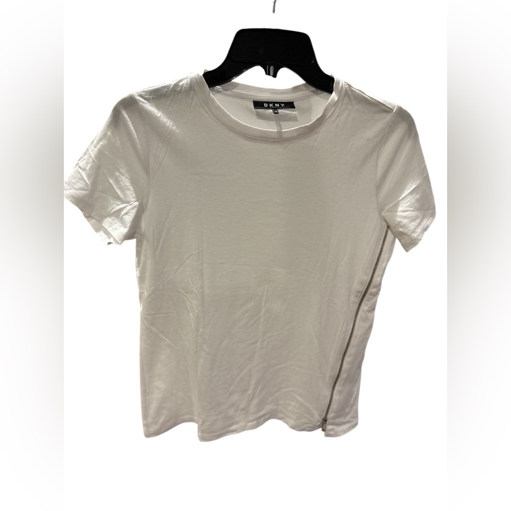 DKNY Women's White T-Shirt with side zipper detail, size XXS